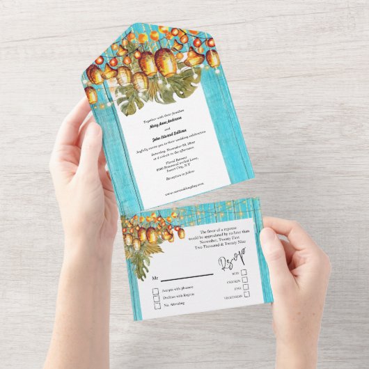 ハワイアンスカイランタンボホウッドトロピカルブルー オールインワン招待状 (貼ってはがせる)