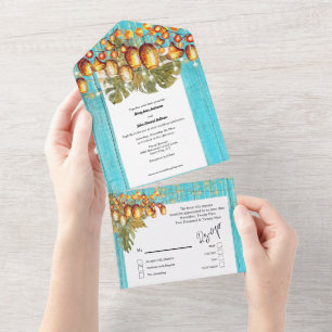 ハワイアンスカイランタンボホウッドトロピカルブルー オールインワン招待状