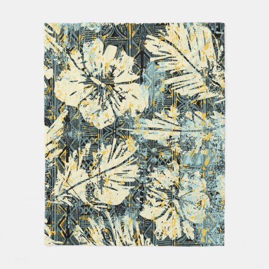 ハワイアンスタイルバックグロ付きハイビスカス織物 フリースブランケット (正面)