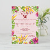 ハワイアンスペインのピンクアロハトロピカル50誕生日 招待状 (スタンド正面)