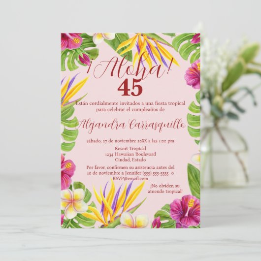 ハワイアンスペインのピンクアロハルアウ（ハワイ式宴会）45th誕生日 招待状 (スタンド正面)