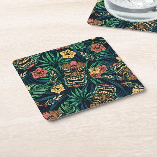 ハワイアンタイキマスク熱帯パターン スクエアペーパーコースター (アングル)