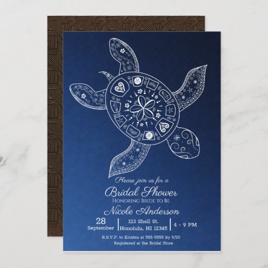 ハワイアントロピカルタートルブルーブライダルシャワー 招待状 (正面/裏面)
