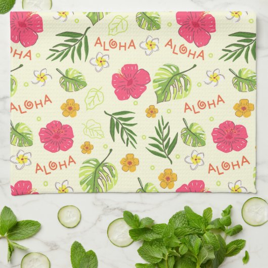 ハワイアントロピカルフローラアロハバースデーパーティー キッチンタオル (折り畳み)