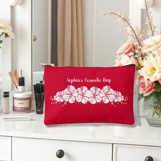 ハワイアンハイビスカストロピカルフラワーズさくらんぼ赤 アクセサリーポーチ