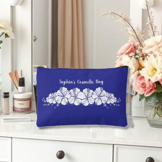 ハワイアンハイビスカストロピカルフラワーズブルー アクセサリーポーチ