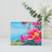 ハワイアンハイビスカスピンクの花を持つ熱帯のシーン ポストカード (スタンド正面)