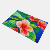 ハワイアンハイビスカス熱帯赤い花と緑 ドアマット (アングル)