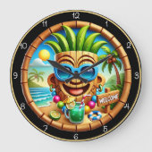 ハワイアンハットウェルカム:トロピカルビーチ ラージ壁時計 (正面)