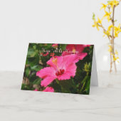 ハワイアンハッピーバースデーピンクストライプのハイビスカスカード カード (黄色い花)