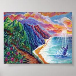 ハワイアンハンバックホエールブリーチングアットサンセット ポスター