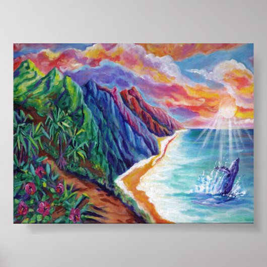 ハワイアンハンバックホエールブリーチングアットサンセット ポスター (正面)