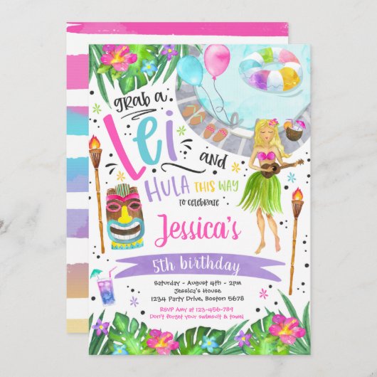 ハワイアンパイナップルプールパーティ 誕生日ルアウ 招待状 (正面/裏面)