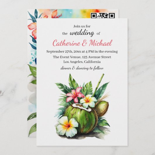 ハワイアンビーチホリデーサマーハイビスカス結婚ズ 招待状 (正面/裏面)