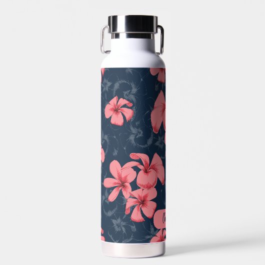 ハワイアンピンクの花かわいい花柄 ウォーターボトル (正面)