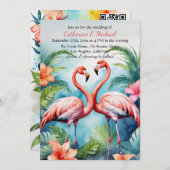 ハワイアンピンクフラミンゴハイビスカスQRコード結婚ズ 招待状 (正面/裏面)