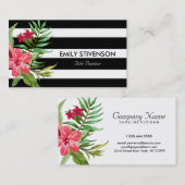 ハワイアンピンクフラワーと白黒ストライプ 名刺 (正面/裏面)