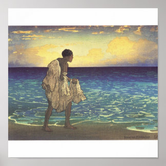 ハワイアンフィッシャーマンウッドブロックプリント ポスター