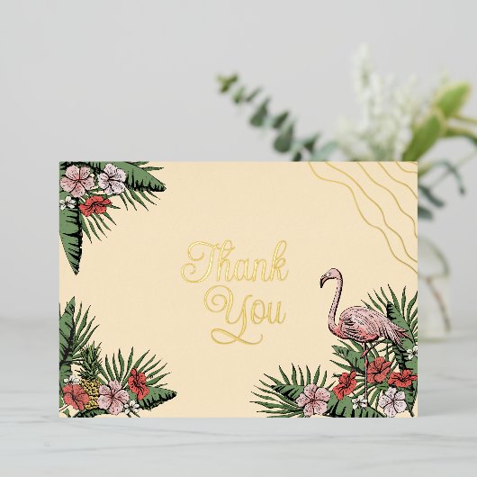 ハワイアンフラミンゴ&ハイビスカスイエロー金ゴールドありがとう 箔招待状 (立ち正面)