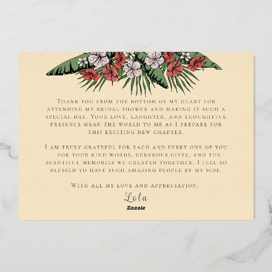 ハワイアンフラミンゴ&ハイビスカスイエロー金ゴールドありがとう 箔招待状 (裏面)