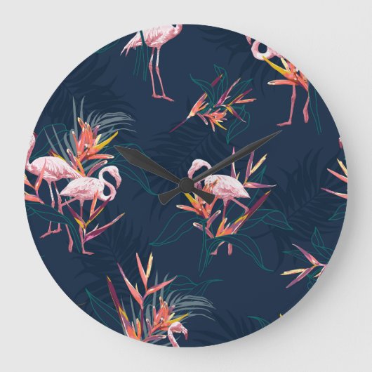 ハワイアンフラミンゴ：熱帯ヴィンテージのアートワーク ラージ壁時計 (正面)