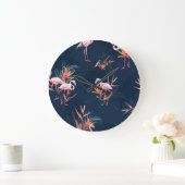 ハワイアンフラミンゴ：熱帯ヴィンテージのアートワーク ラージ壁時計 (ホーム)