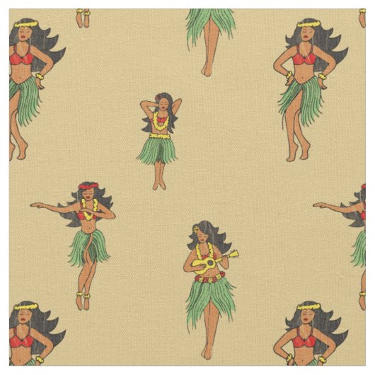 ハワイアンフラ踊りガールズヴィンテージパターン ファブリック (クローズアップ)