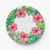 ハワイアンフローラピンクハイビスカス熱帯葉 ペーパープレート (正面)