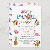 ハワイアンフローラフルーツバーズプール誕生日 招待状 (正面/裏面)