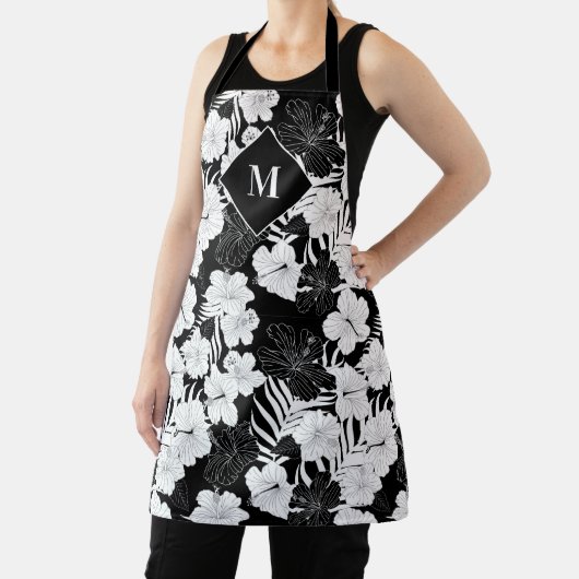 ハワイアンフローラ白黒トロピカルモノグラム エプロン (インサイチュ)