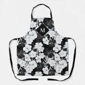ハワイアンフローラ白黒トロピカルモノグラム エプロン (正面)