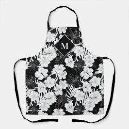 ハワイアンフローラ白黒トロピカルモノグラム エプロン