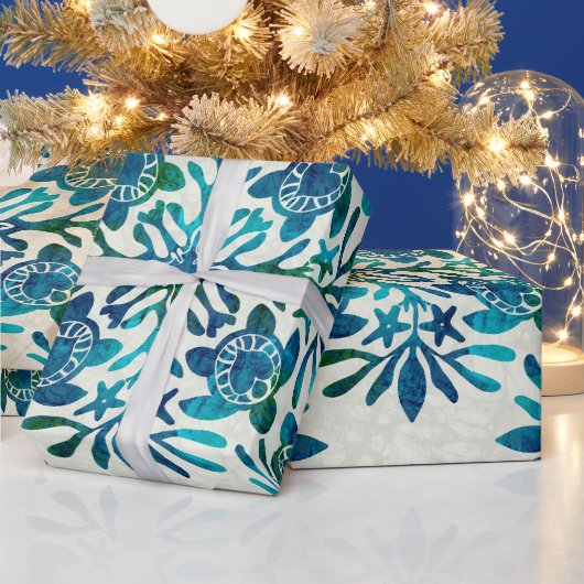 ハワイアンプリントホヌシータートルキルト ラッピングペーパー (クリスマス)