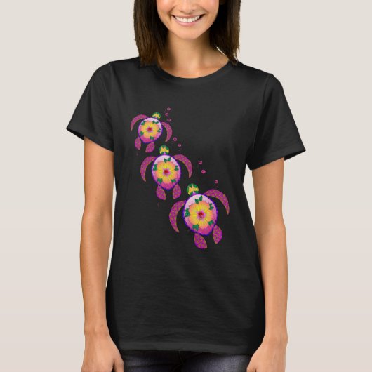 ハワイアンホヌウミガメ熱帯大花 Tシャツ (正面)