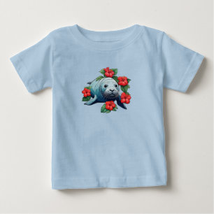ハワイアンモンクアザラシと赤いハイビスカスの花 ベビーTシャツ