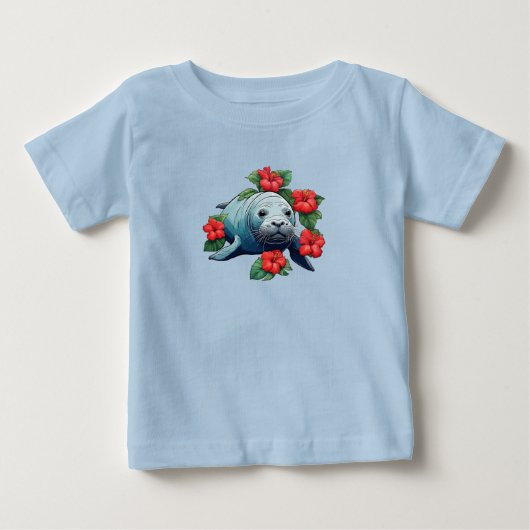 ハワイアンモンクアザラシと赤いハイビスカスの花 ベビーTシャツ (正面)