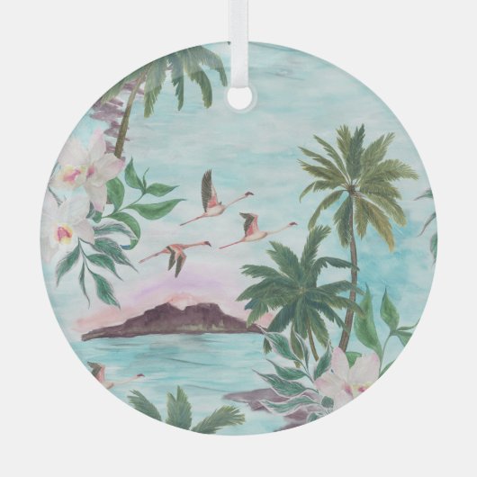 ハワイアンランドスケープFlamingo水彩模様 ガラスオーナメント (正面)