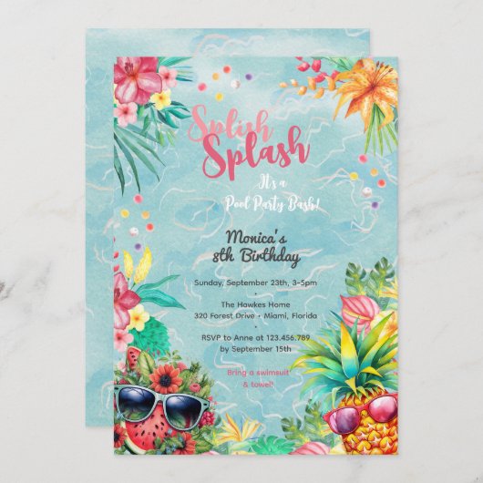 ハワイアンルアウ（ハワイ式宴会）サマープール誕生日パーティー 招待状 (正面/裏面)