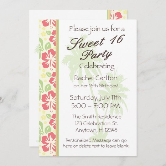 ハワイアンルアウ（ハワイ式宴会）スウィート16バースデーパーティーの招待 招待状 (正面/裏面)