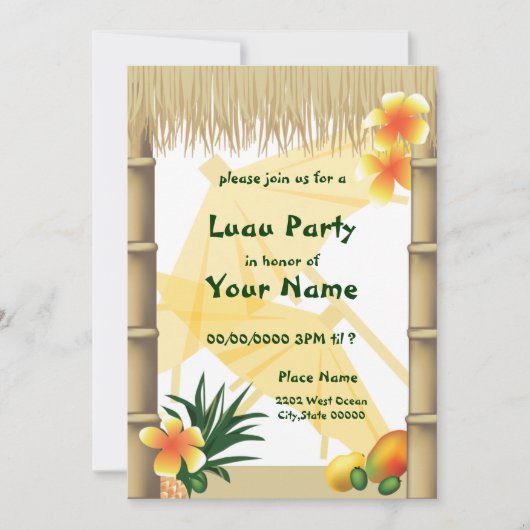 ハワイアンルアウ（ハワイ式宴会）ティキハットトロピカルパーティの招待状 招待状 (正面)