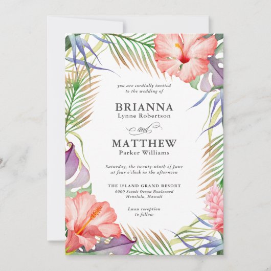 ハワイアンルアウ（ハワイ式宴会）トロピカルアイランド結婚フローラ 招待状 (正面)