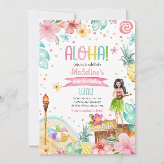 ハワイアンルアウ（ハワイ式宴会）トロピカルプールビーチパーティー誕生日 招待状 (正面)