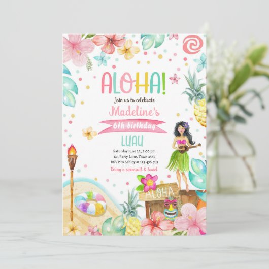 ハワイアンルアウ（ハワイ式宴会）トロピカルプールビーチパーティー誕生日 招待状 (スタンド正面)