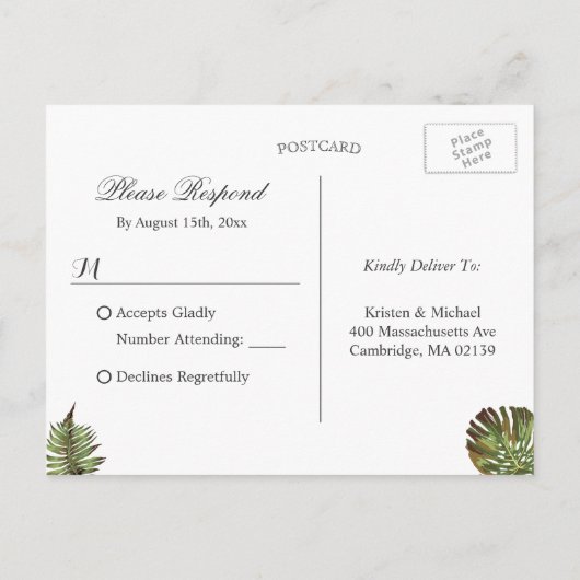 ハワイアンルアウ(ハワイ式宴会)トロピカル葉スパイナップルRSVP インビテーションポストカード (裏面)