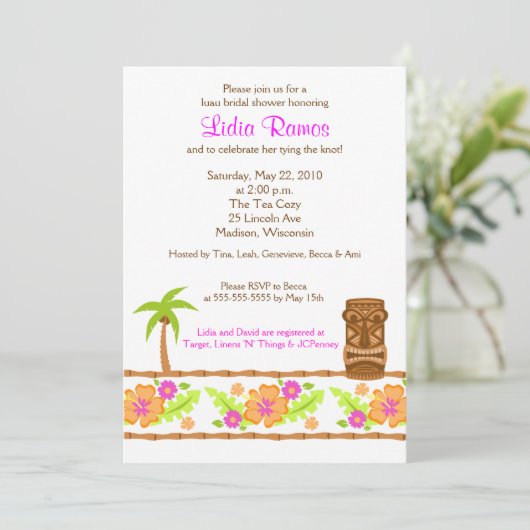 ハワイアンルアウ(ハワイ式宴会)トロピカル5x7ブライダルシャワー招待状 招待状 (スタンド正面)