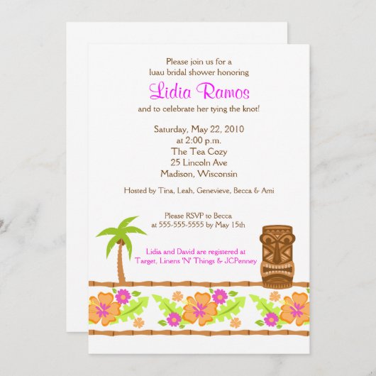 ハワイアンルアウ（ハワイ式宴会）トロピカル5x7ブライダルシャワー招待状 招待状 (正面/裏面)