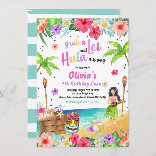 ハワイアンルアウ（ハワイ式宴会）バースデーパーティトロピカル誕生日 招待状 (正面/裏面)