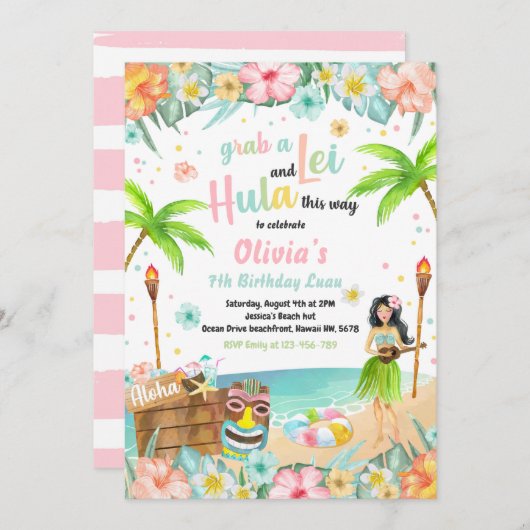 ハワイアンルアウ（ハワイ式宴会）バースデーパーティトロピカル誕生日 招待状 (正面/裏面)