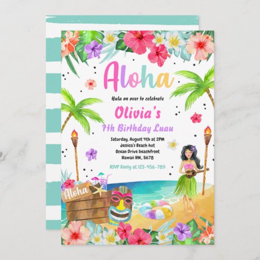 ハワイアンルアウ（ハワイ式宴会）バースデーパーティトロピカル誕生日 招待状 (正面/裏面)