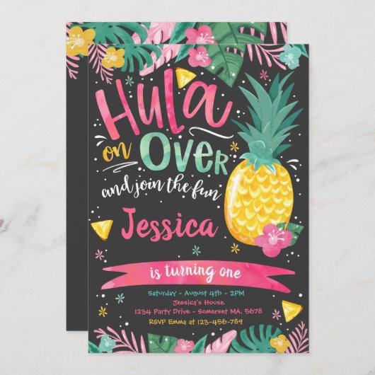 ハワイアンルアウ（ハワイ式宴会）バースデーパーティーパイナップルルアウ（ハワイ式宴会）プール 招待状 (正面/裏面)